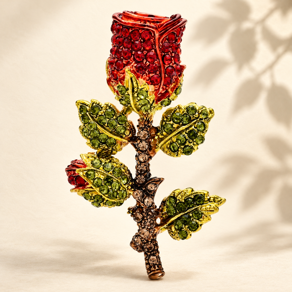 Rhinestone Rosebud Stem Brooch — styled background