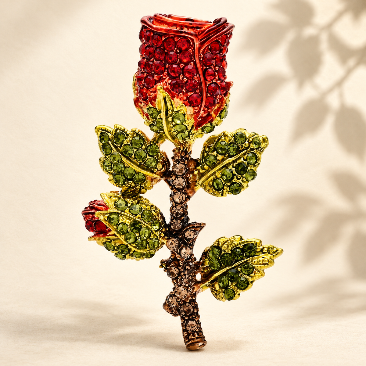 Rhinestone Rosebud Stem Brooch — styled background