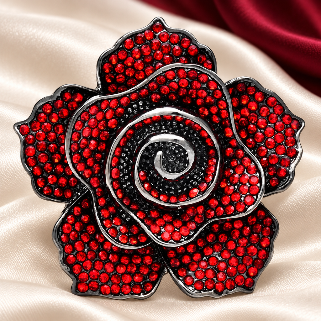 Spiral Rhinestone Rose Brooch — styled background