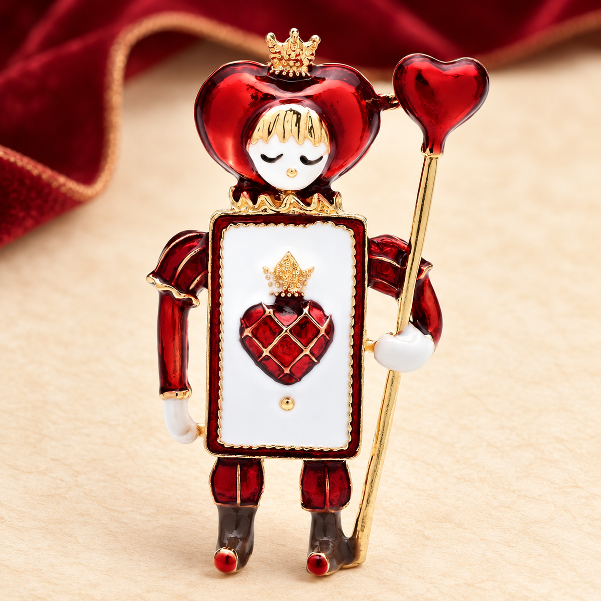 Playing Card Soldier with Heart Scepter Brooch — styled background