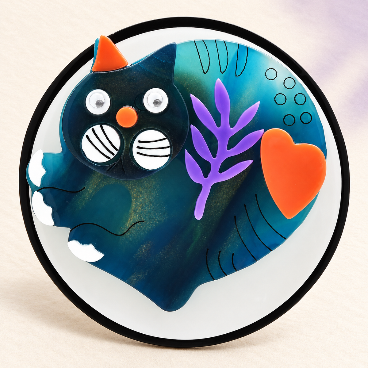 Articulated Acrylic Cat Circle Brooch — styled background