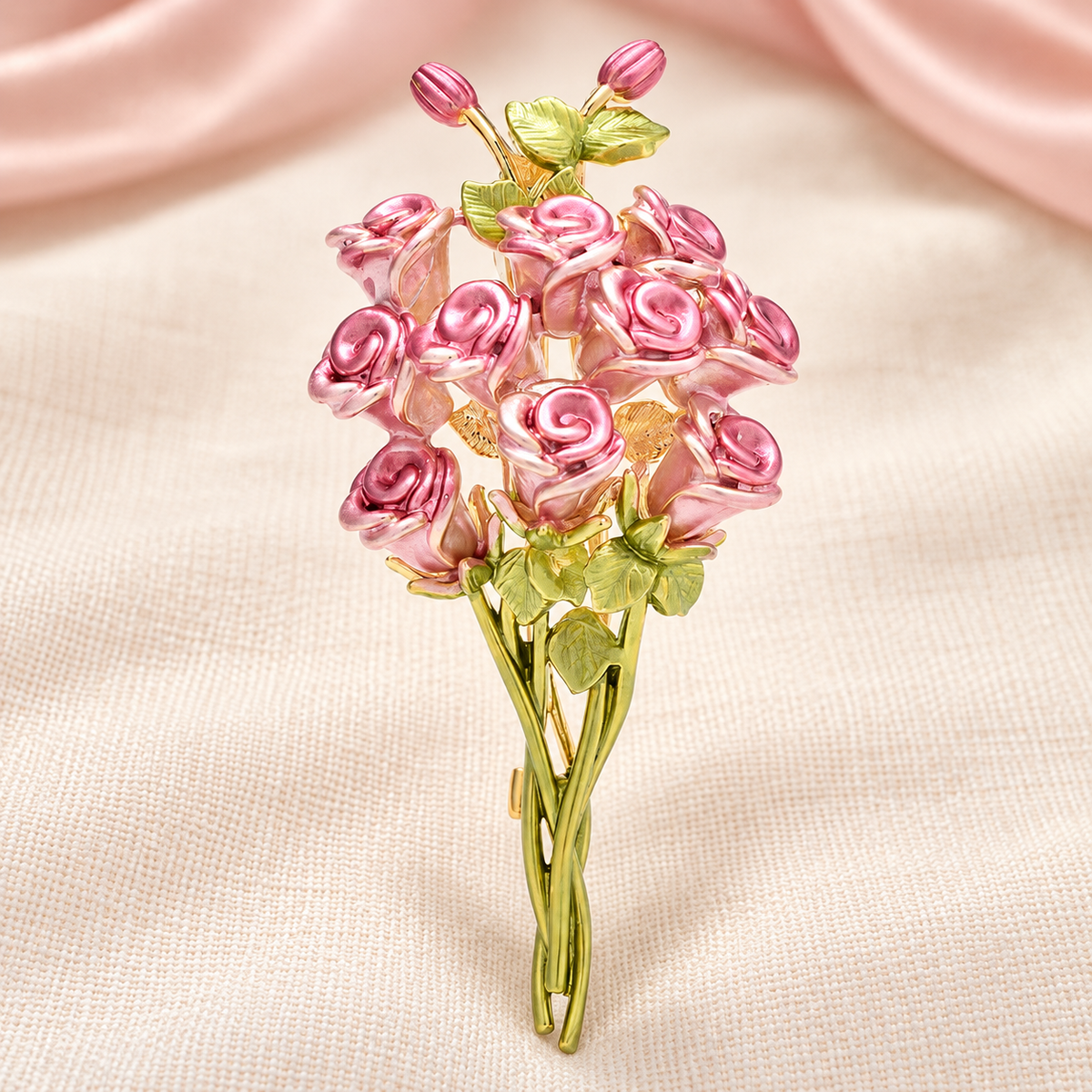 Pink Enamel Rose Bouquet Brooch — styled background