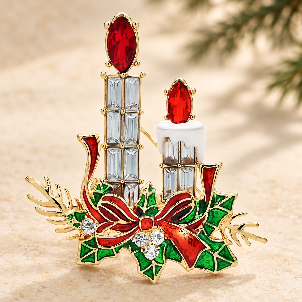 Christmas Candles with Holly Bow Brooch — styled background