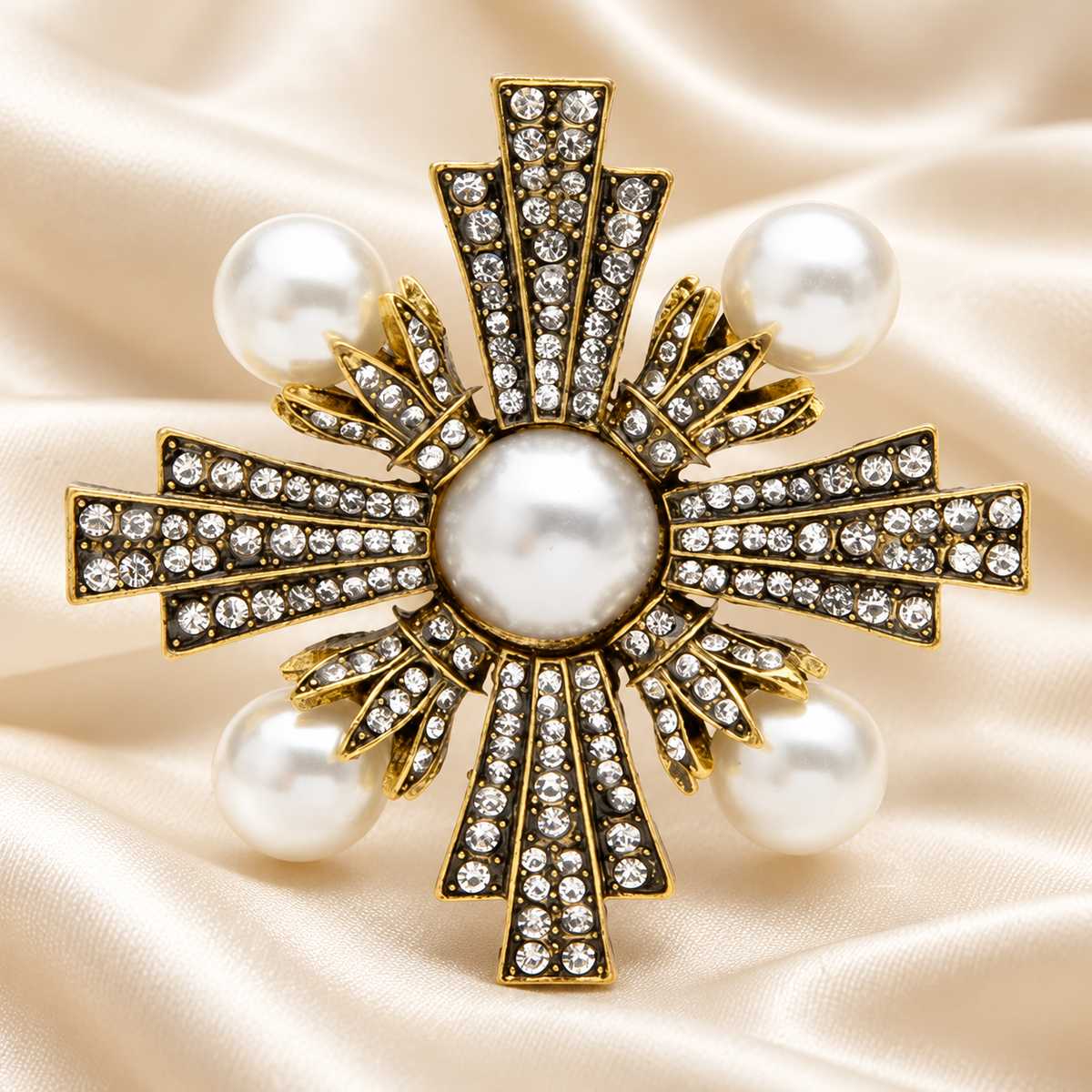 Vintage Pearl-Look Cross Brooch — styled background