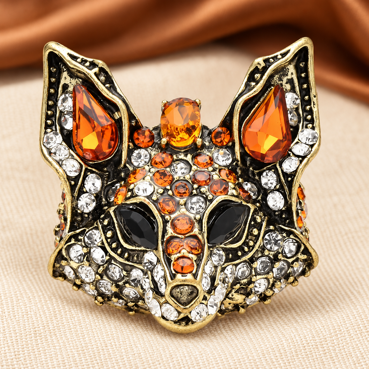 Jeweled Fox Face Brooch — styled background