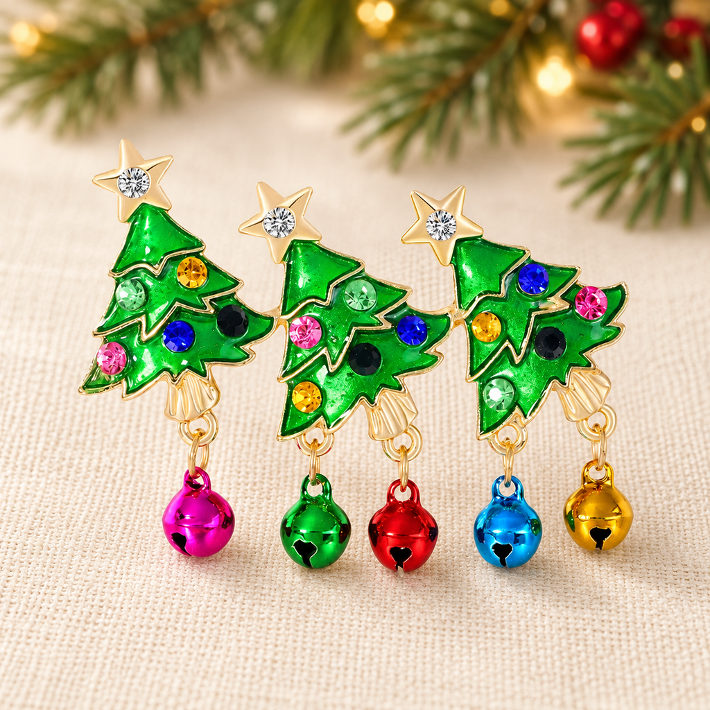 Three Christmas Trees with Colorful Jingle Bells Brooch — styled background