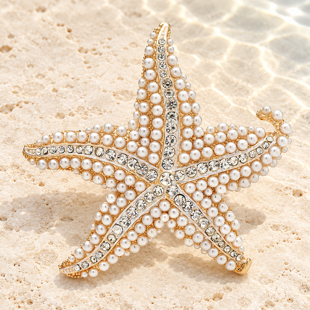 Pearl-Look Starfish with Rhinestone Borders Brooch — styled background