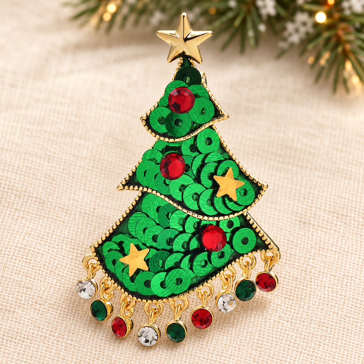 Jeweled Festive Christmas Tree Brooch — styled background