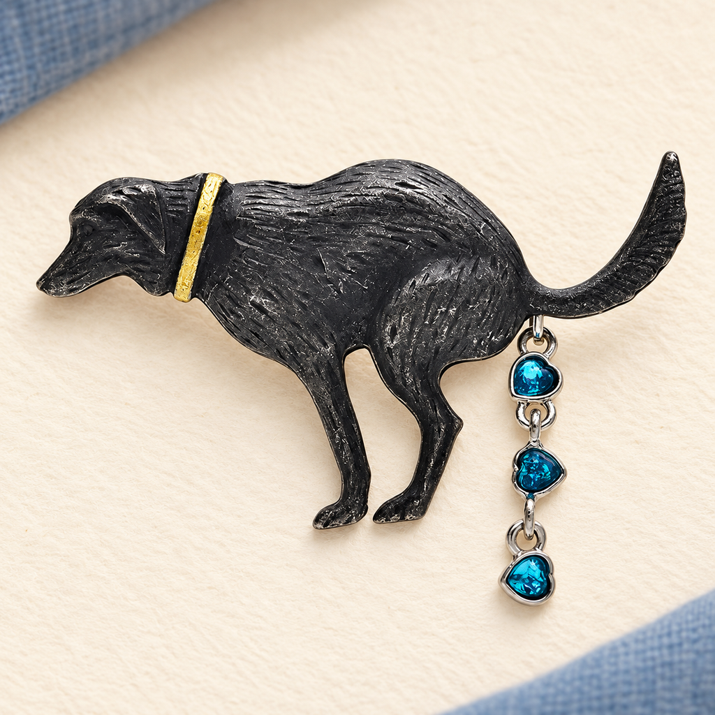 Playful Dog with Dangling Blue Crystals Brooch — styled background