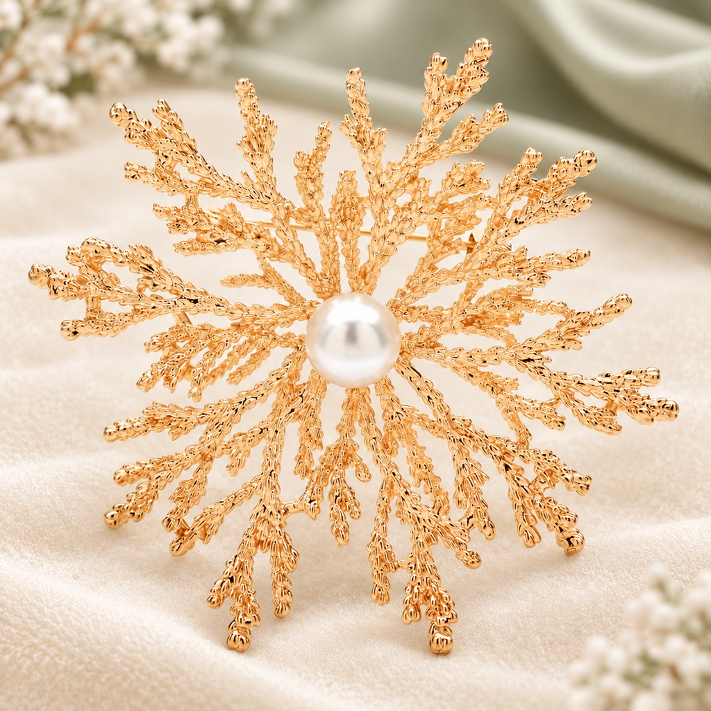 Textured Snowflake with Pearl-Look Center Brooch — styled background