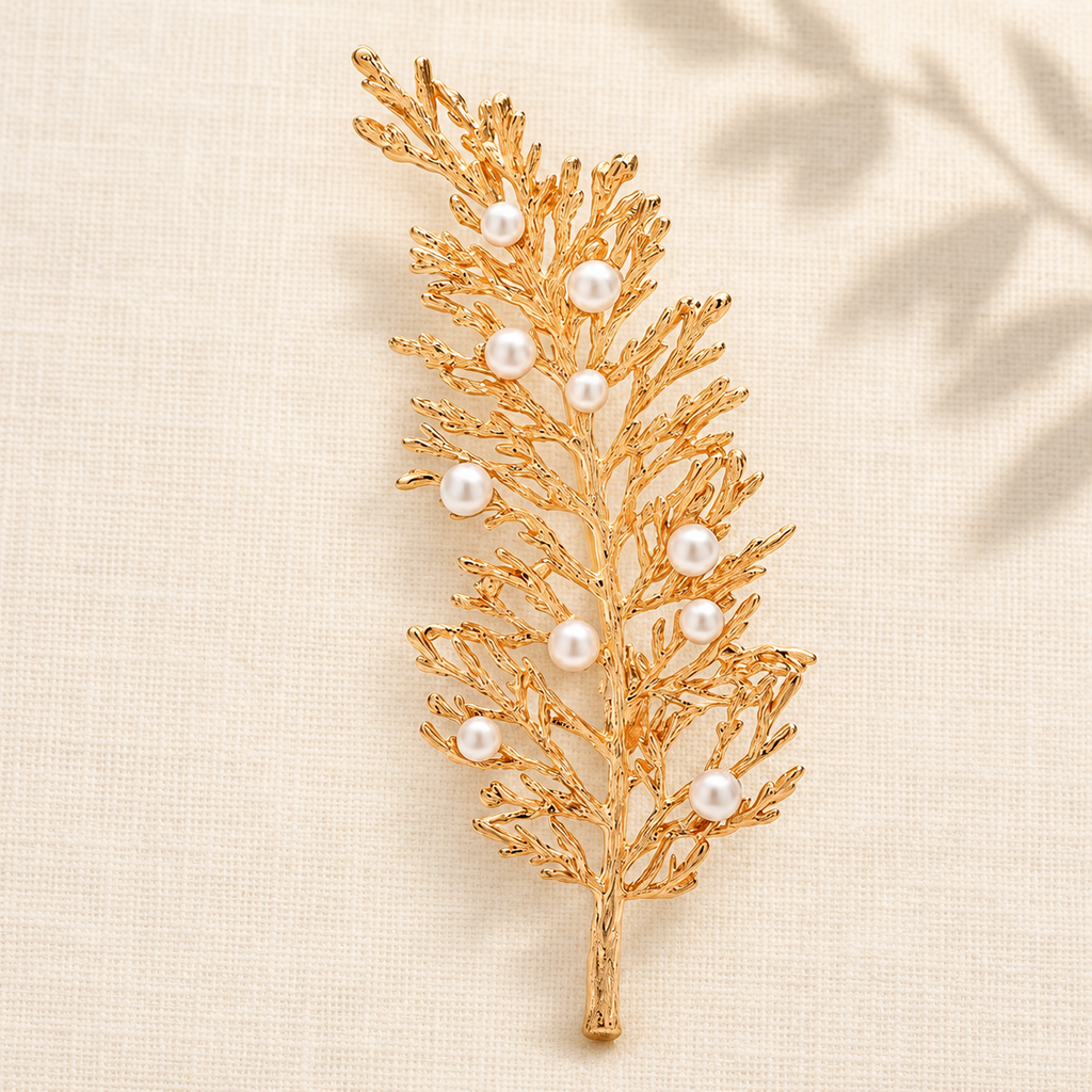 Metal Leaf Spray with Pearl-Look Beads Brooch — styled background