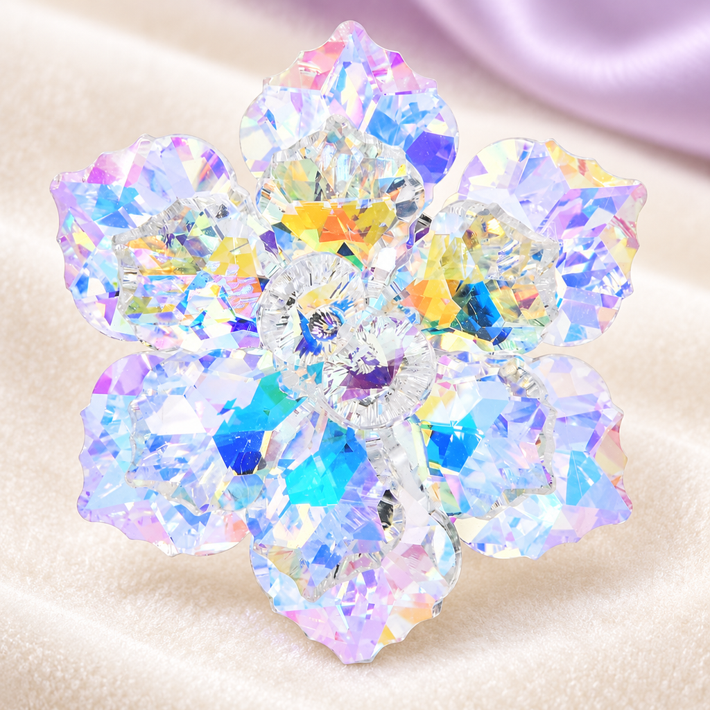 Iridescent Faceted Glass Flower Brooch — styled background