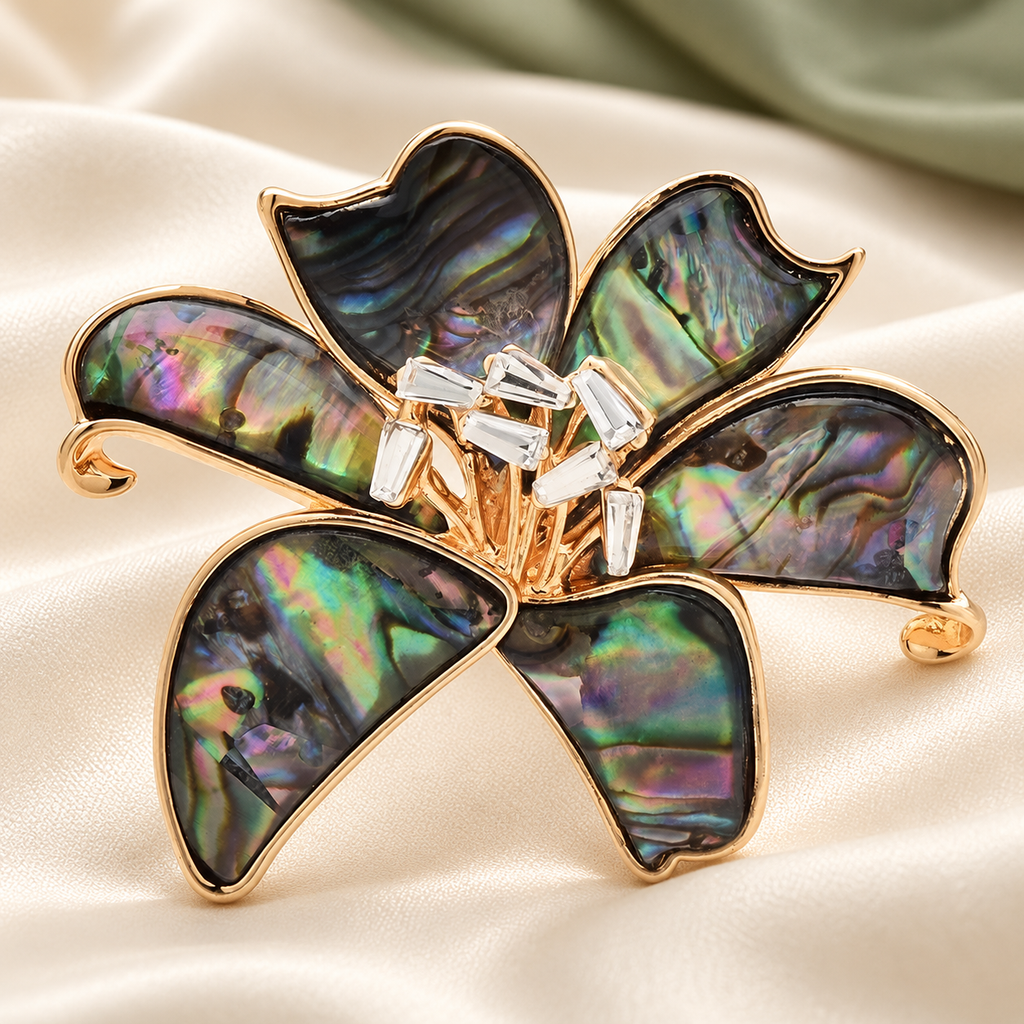 Pearlescent Flower with Curved Petals Brooch — styled background