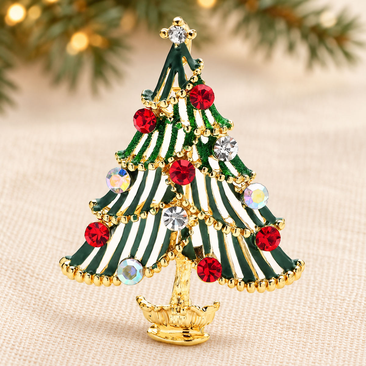 Striped Christmas Tree with Pearl-Look Garland Brooch — styled background