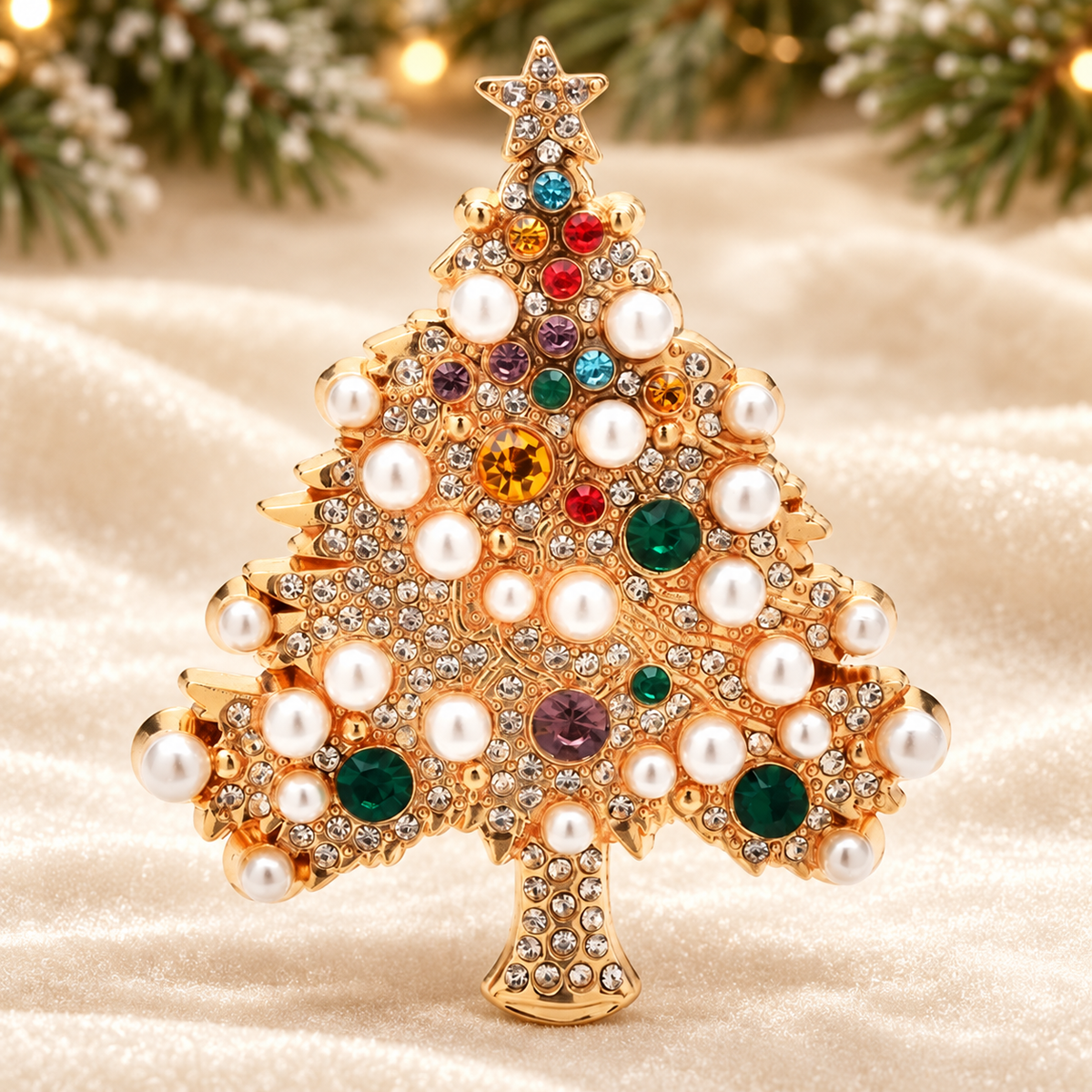 Pearl-Look Christmas Tree with Jeweled Ornaments Brooch — styled background