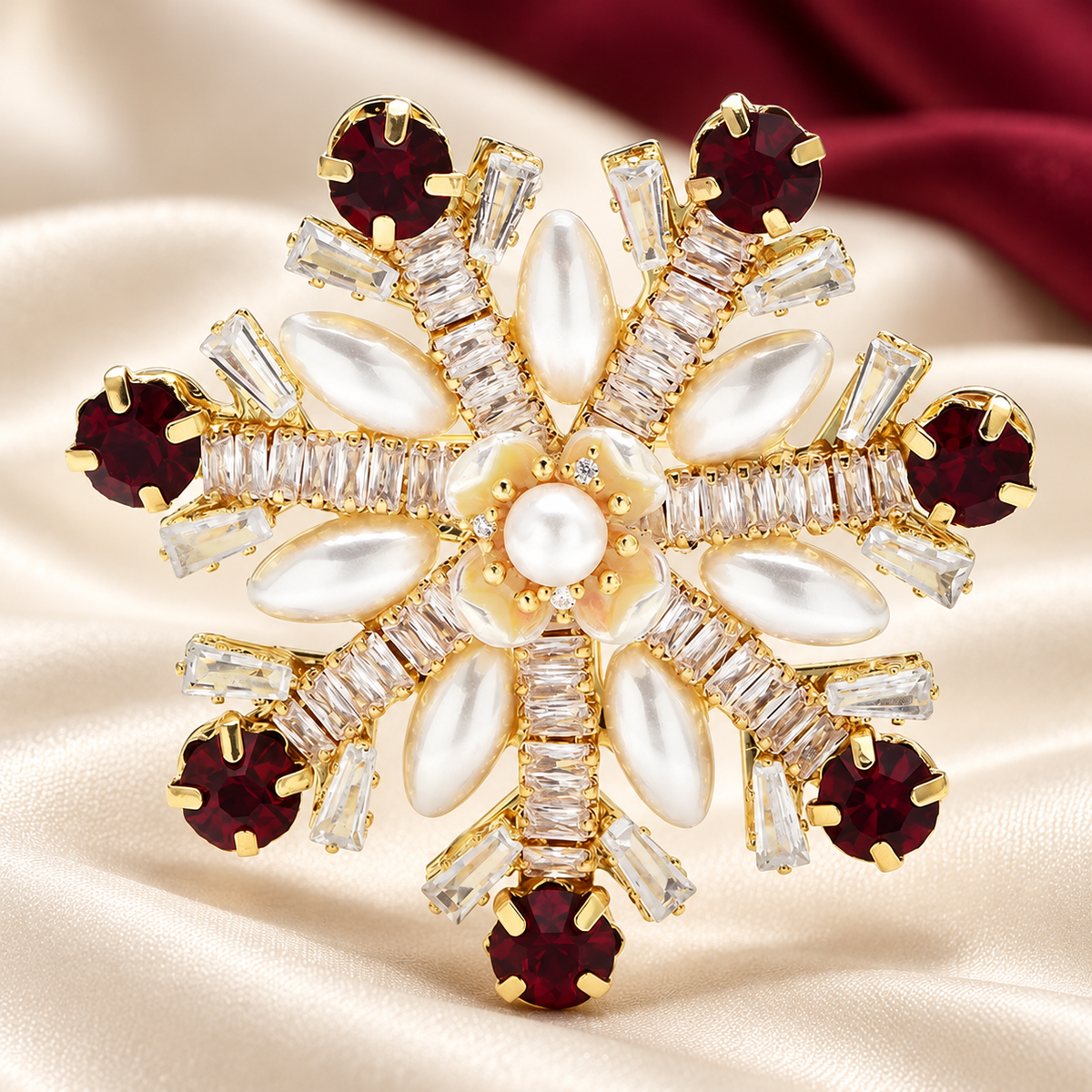 Pearl-Look Snowflake Flower Brooch — styled background