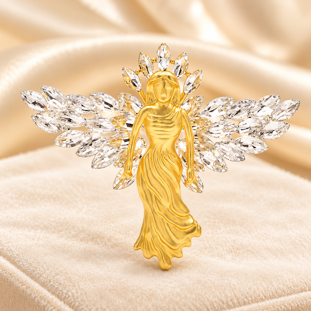 Golden Angel with Rhinestone Wings Brooch — styled background