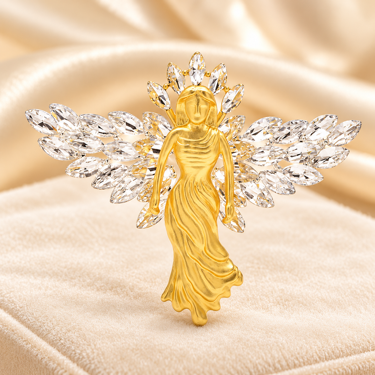Golden Angel with Rhinestone Wings Brooch — styled background