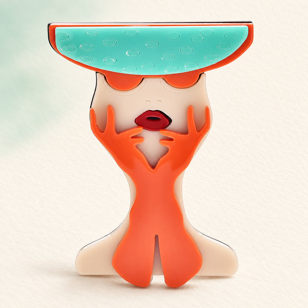 Acrylic Woman with Hat and Bow Brooch — styled background