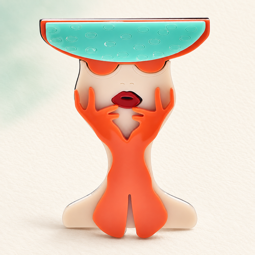 Acrylic Woman with Hat and Bow Brooch — styled background