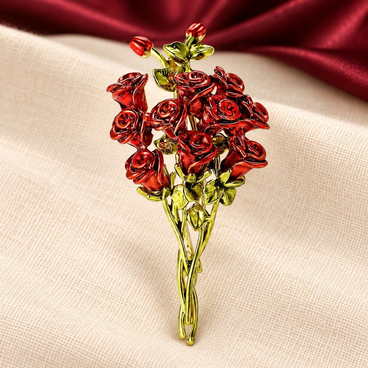Red Enamel Rose Spray with Rhinestones Brooch — styled background