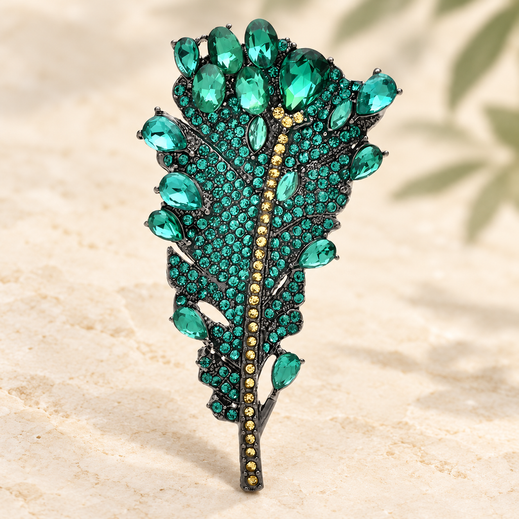 Rhinestone Feathered Leaf Brooch — styled background