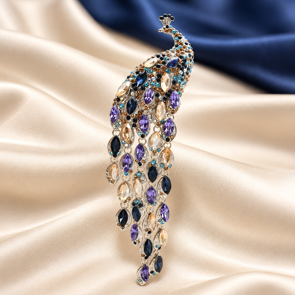 Rhinestone Peacock with Cascading Tail Brooch — styled background