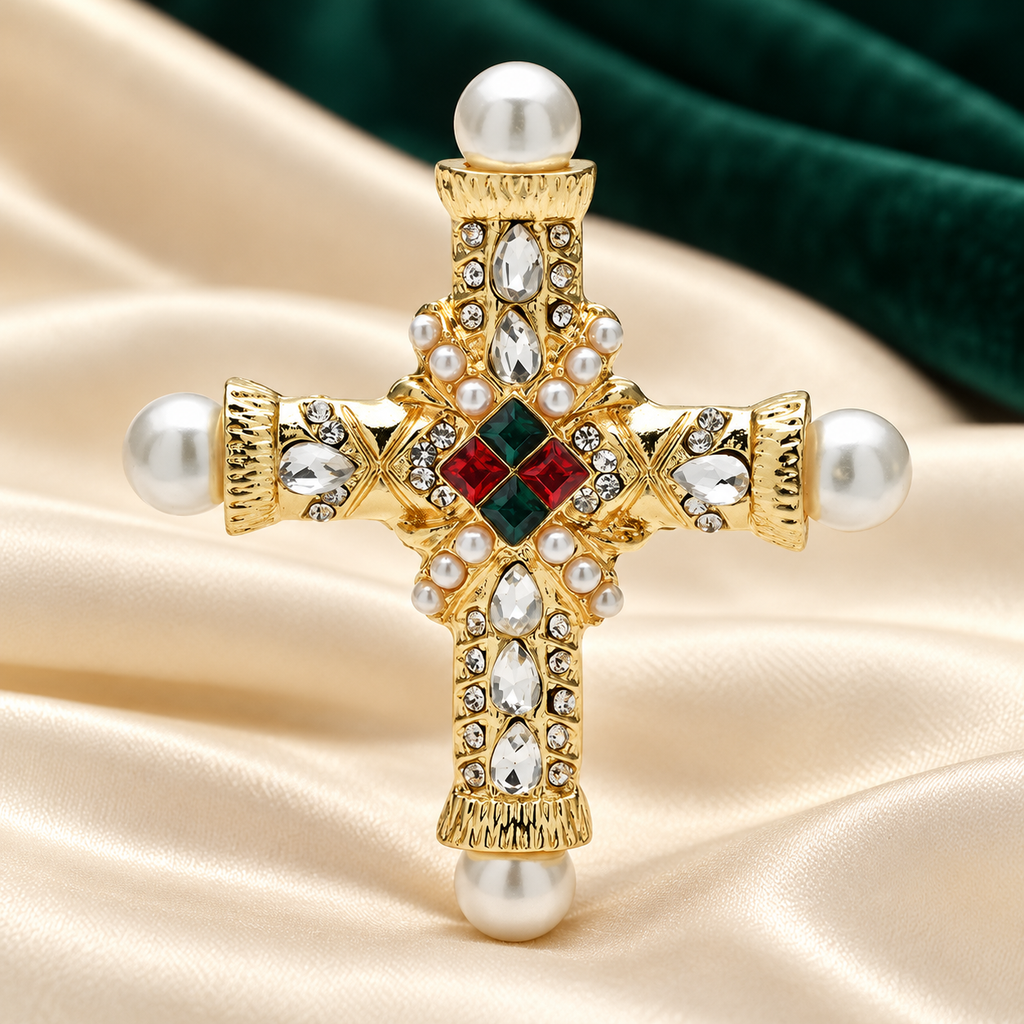 Baroque Cross with Pearl-Look Tips Brooch — styled background