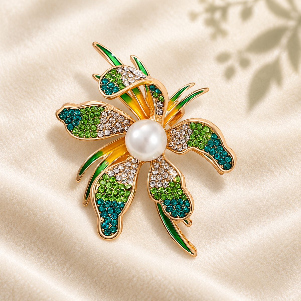 Jeweled Flower with Pearl-Look Center Brooch — styled background