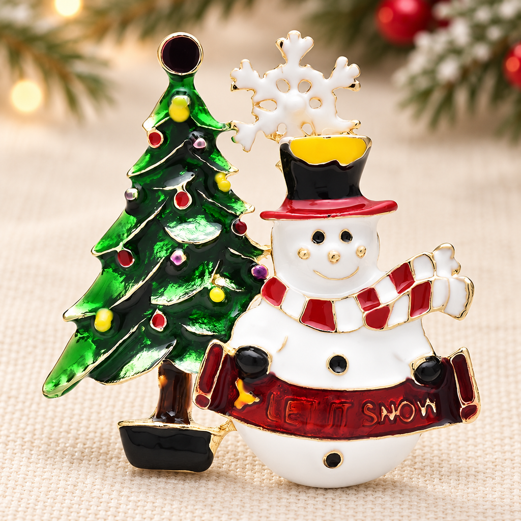 Snowman and Christmas Tree Brooch — styled background