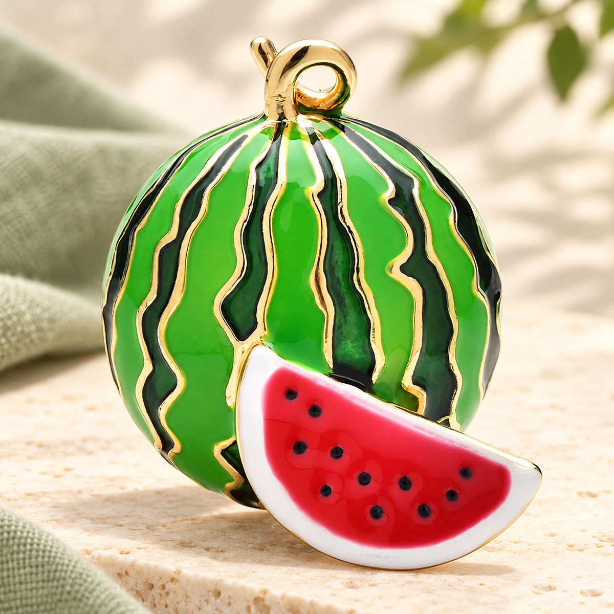 Whole Watermelon with Red Slice Brooch — styled background