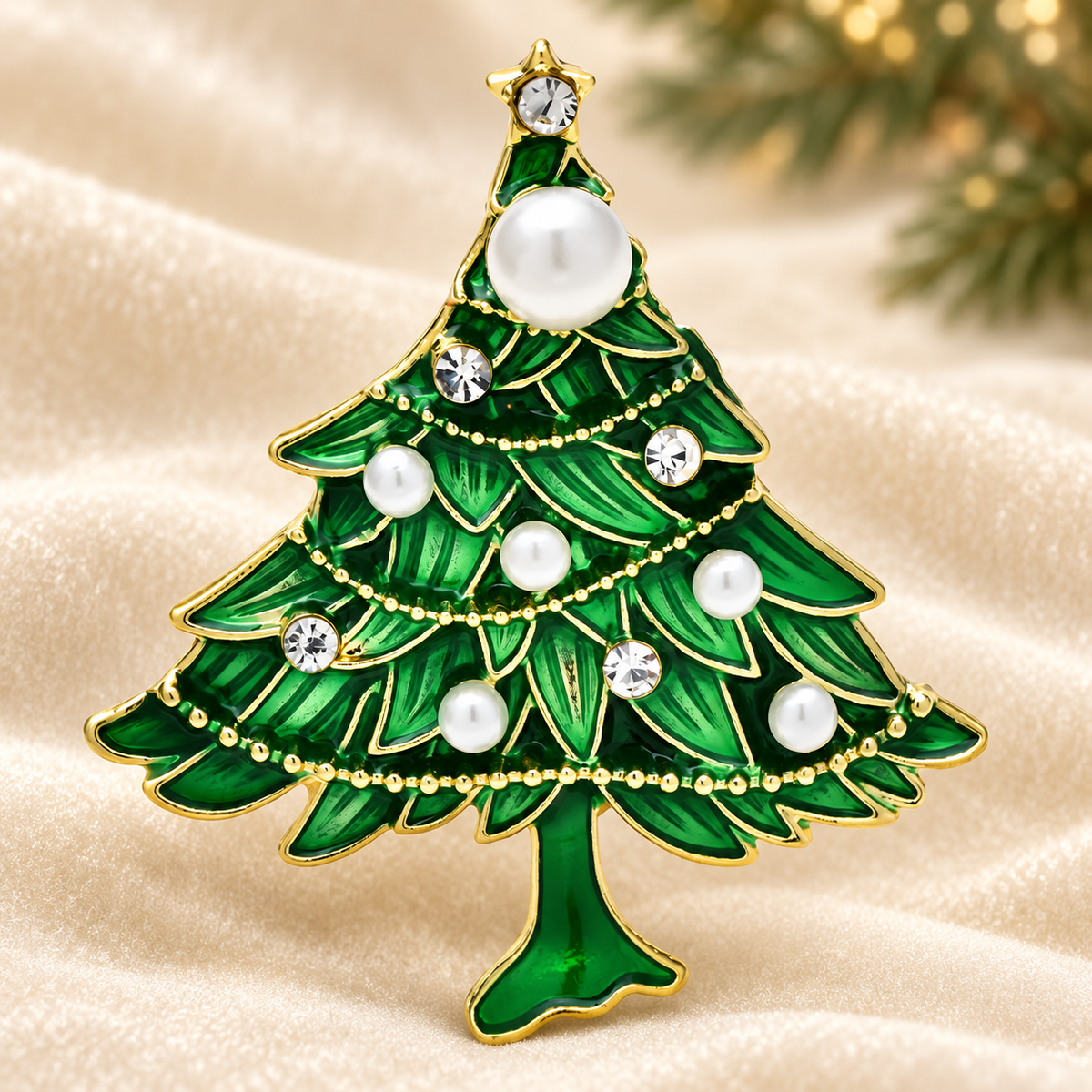 Green Christmas Tree with Pearl-Look Ornaments Brooch — styled background