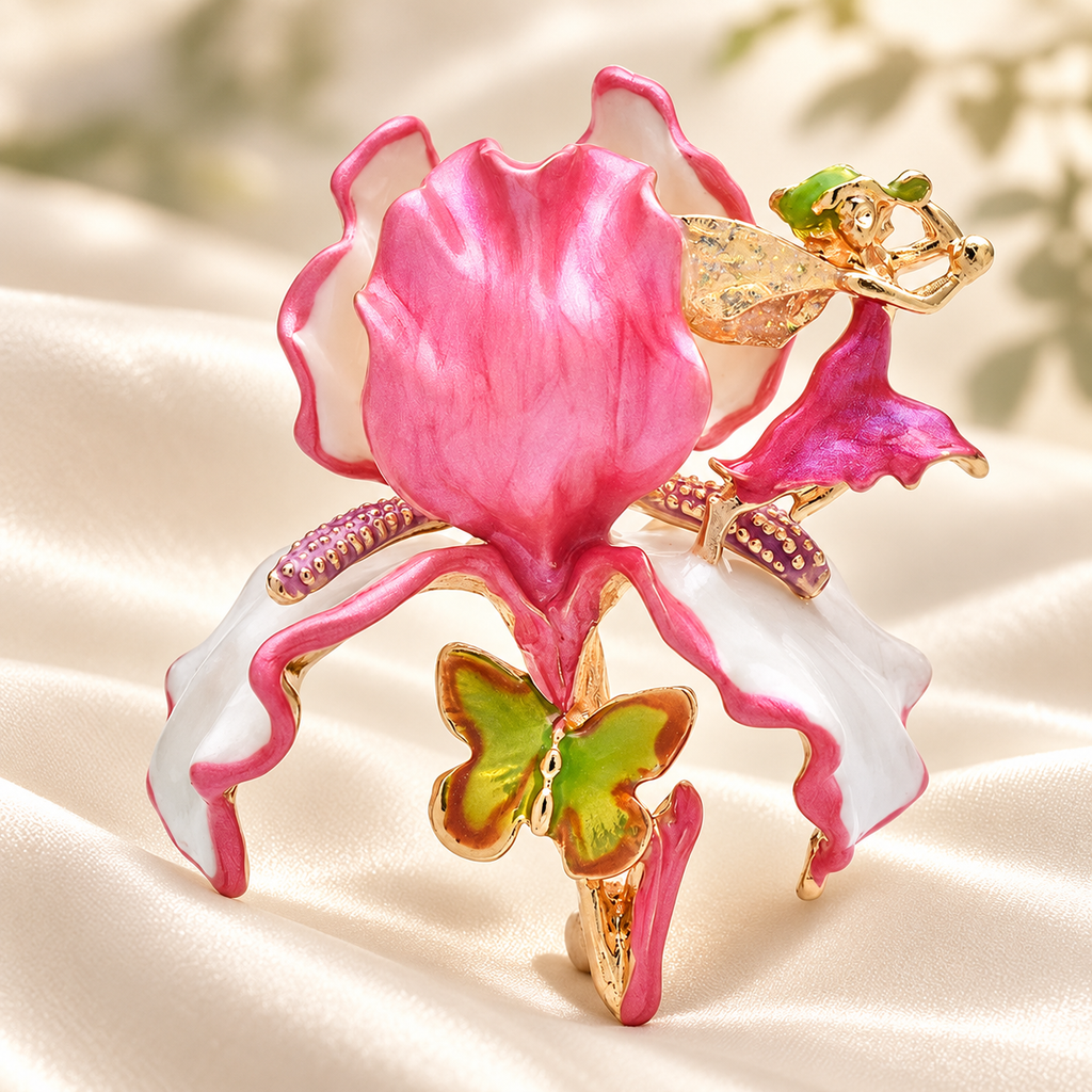 Sculpted Enamel Iris Flower Brooch — styled background