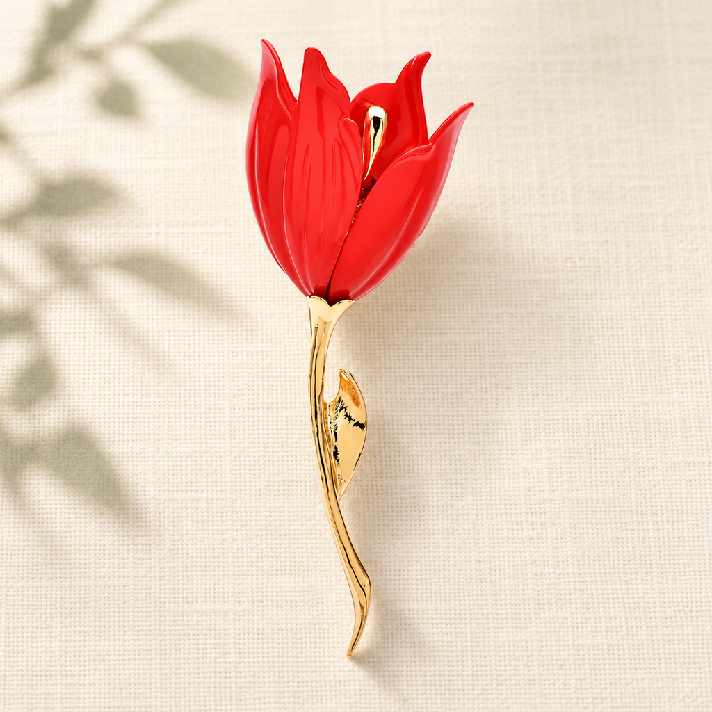 Single Tulip with Golden Stem Brooch — styled background
