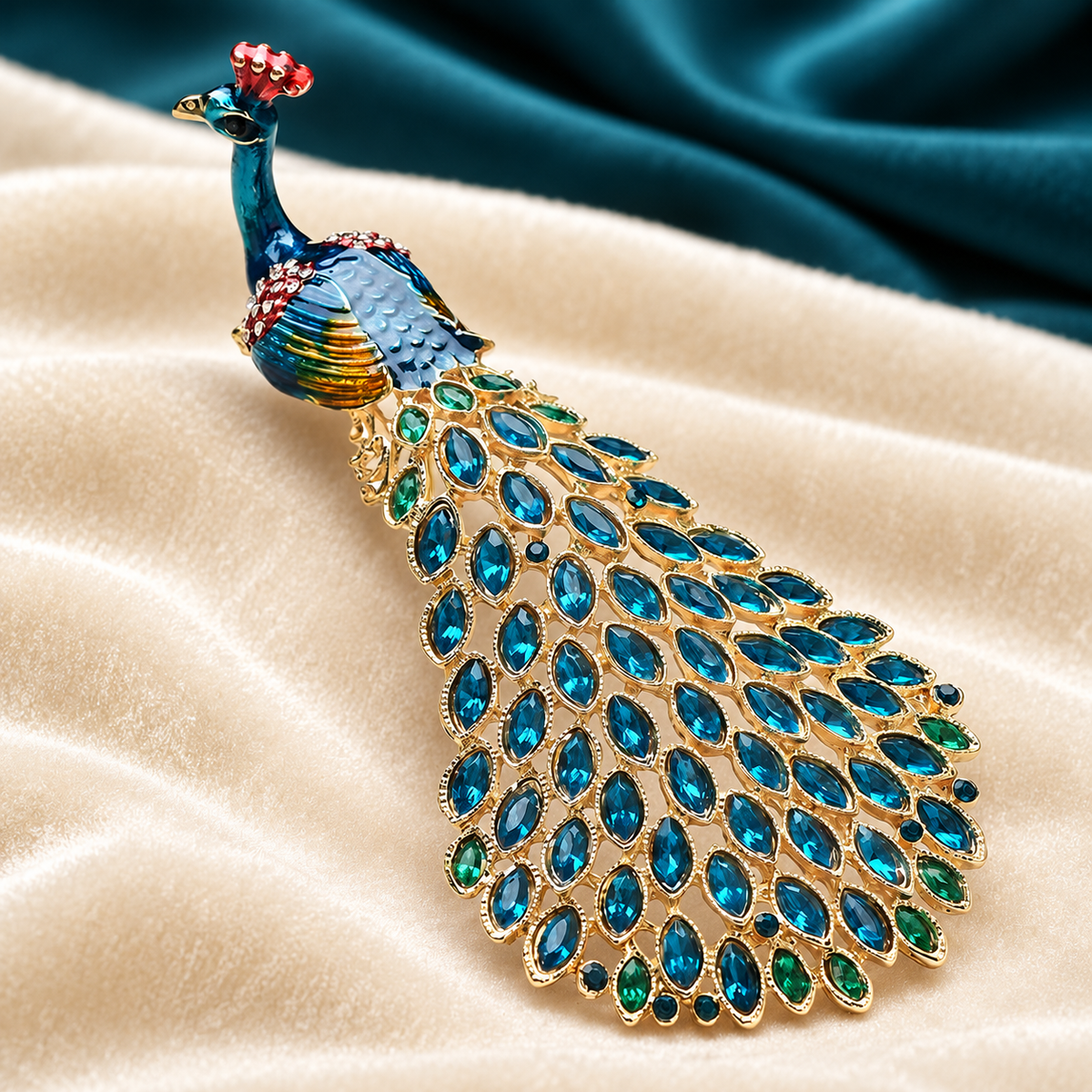 Large Enamel Peacock with Rhinestone Tail Brooch — styled background