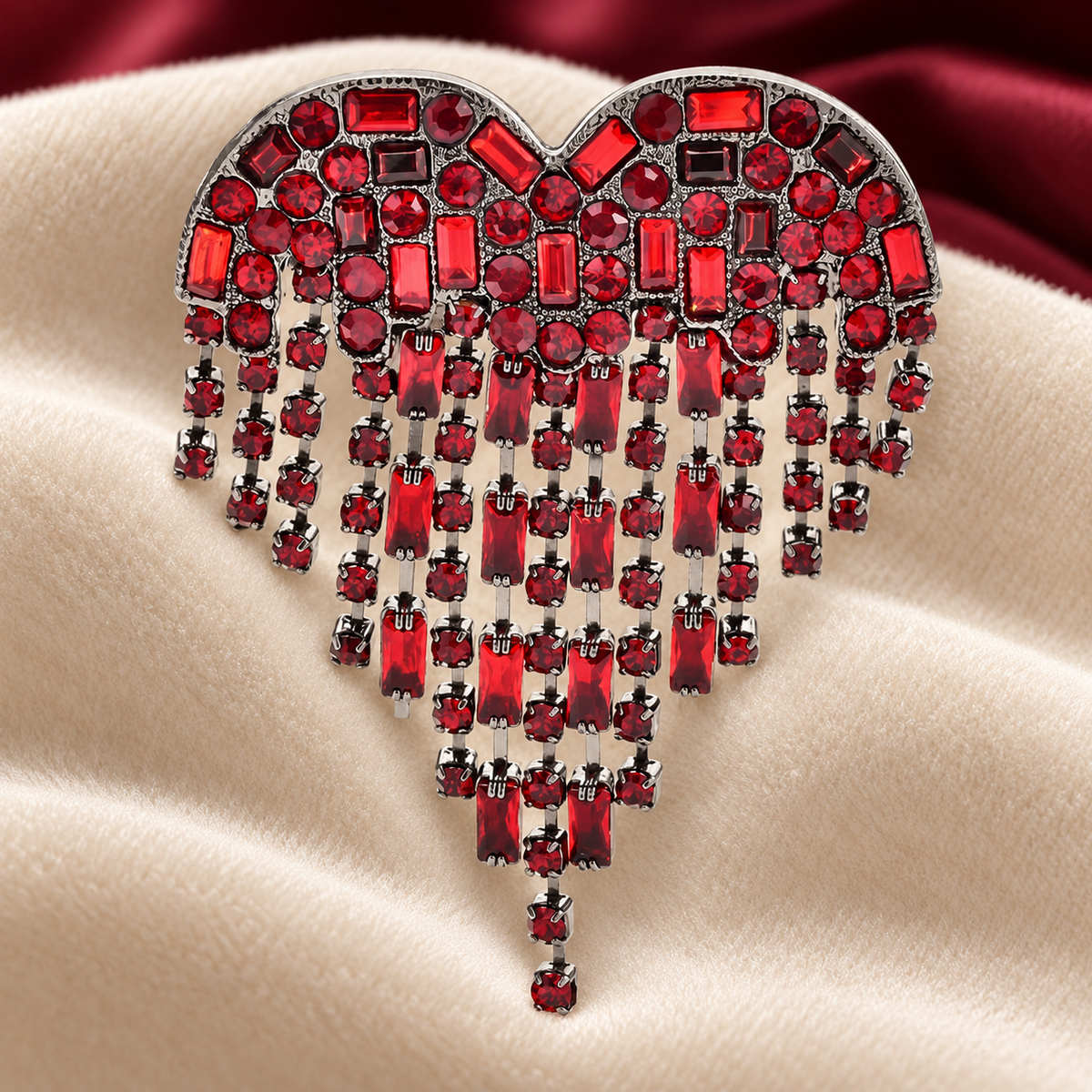 Red Rhinestone Heart with Hanging Fringe Brooch — styled background