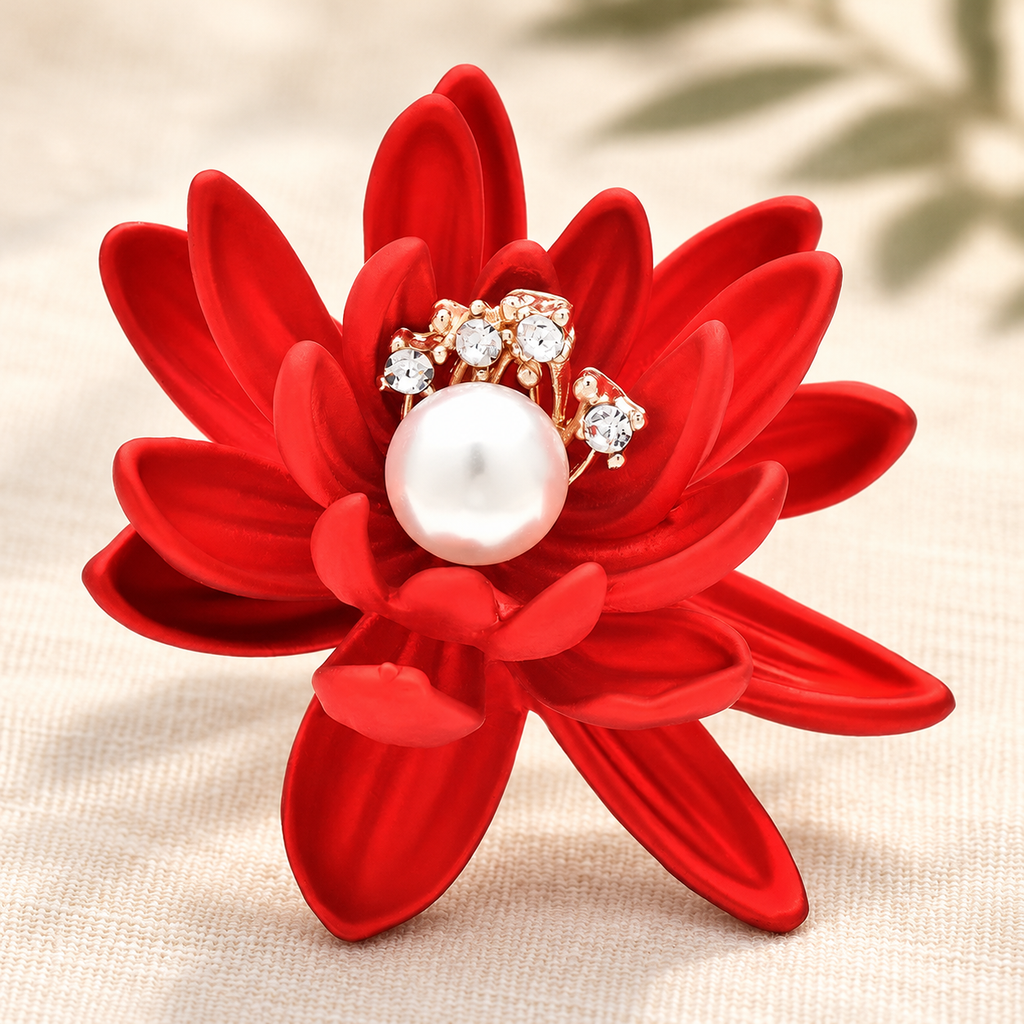Red Lotus Flower with Pearl-Look Center Brooch — styled background