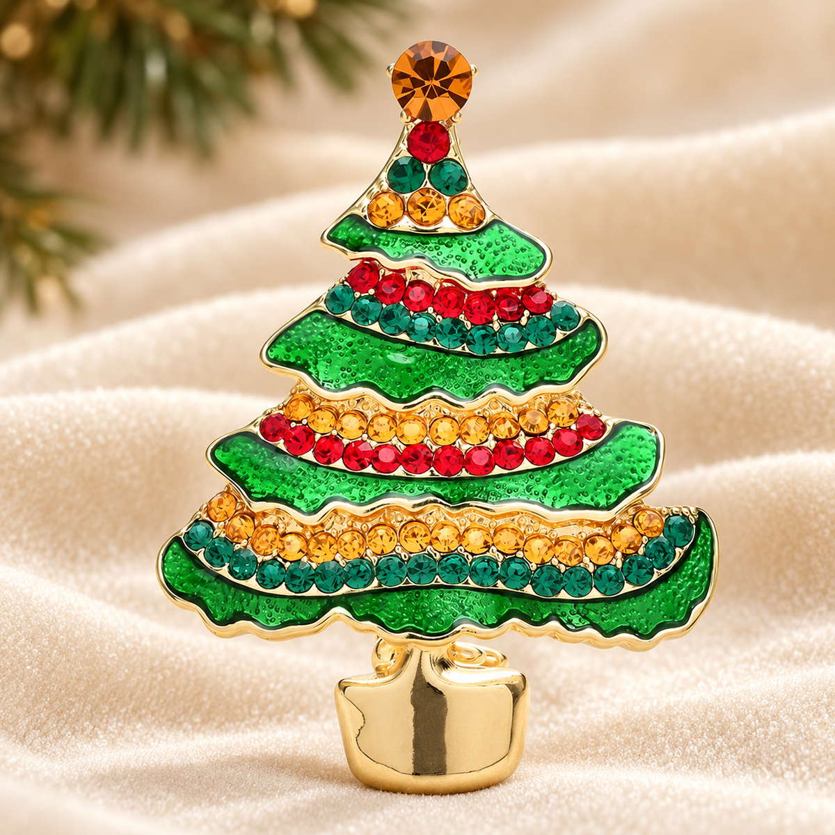 Jeweled Potted Christmas Tree Brooch — styled background