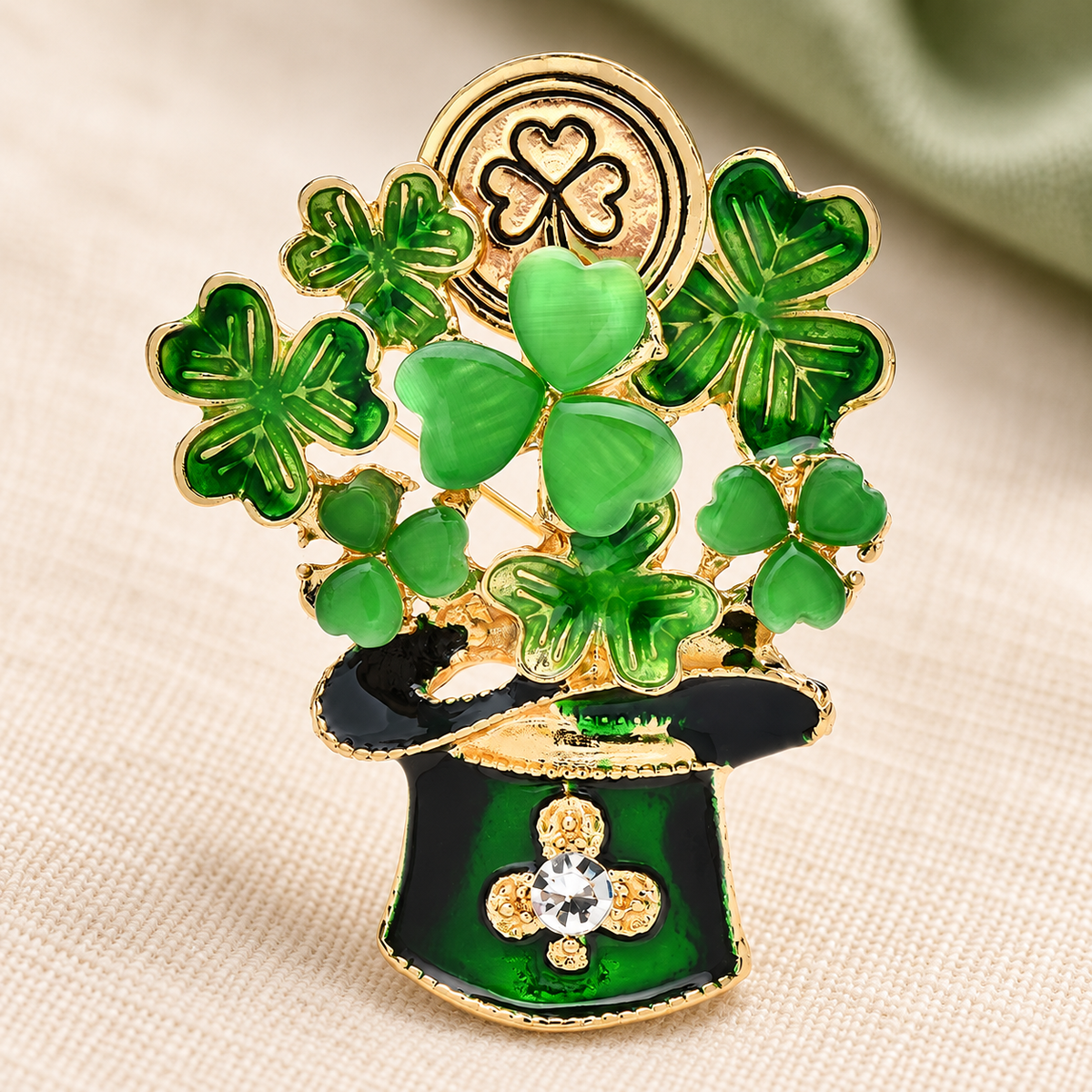 Green Clover in Leprechaun Hat Brooch — styled background