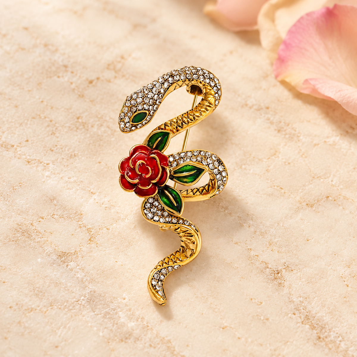Jeweled Coiled Snake with Rose Flowers Brooch — styled background