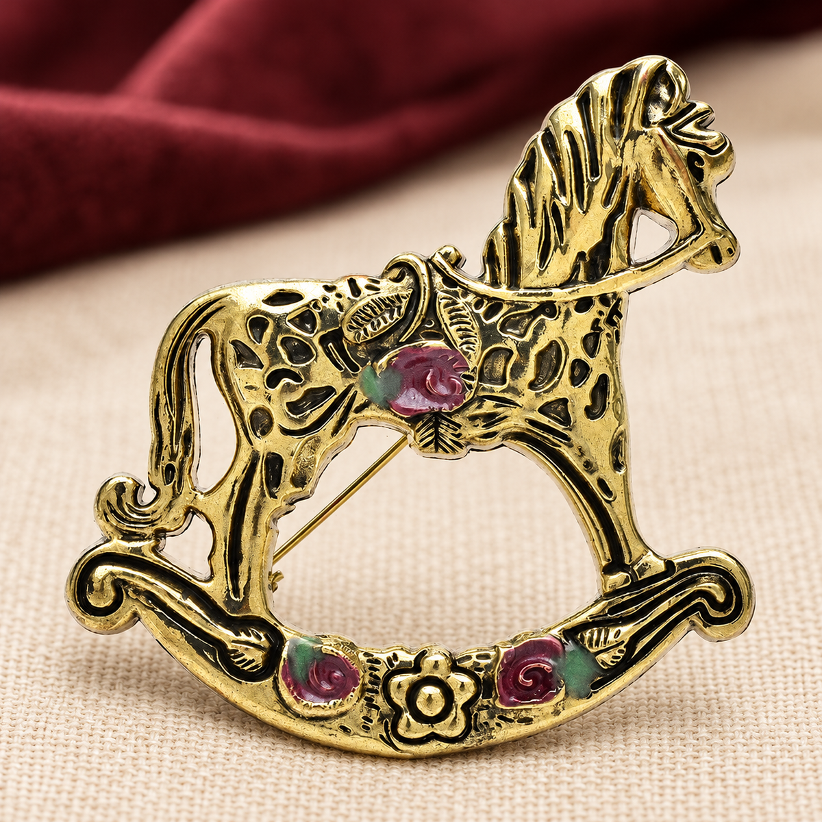 Vintage-Style Rocking Horse Brooch — styled background
