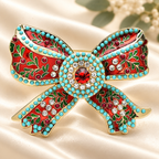 Patterned Red Enamel Bow with Rhinestones Brooch — styled background