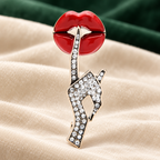 Red Lips and Shushing Hand Brooch — styled background