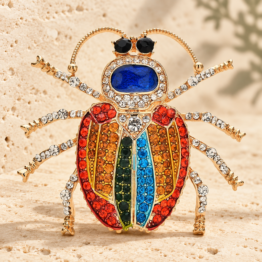 Multicolor Rhinestone Beetle Brooch — styled background