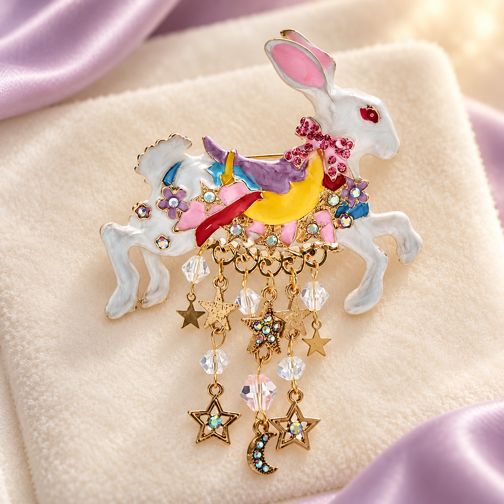 Fantasy White Rabbit with Star and Moon Charms Brooch — styled background