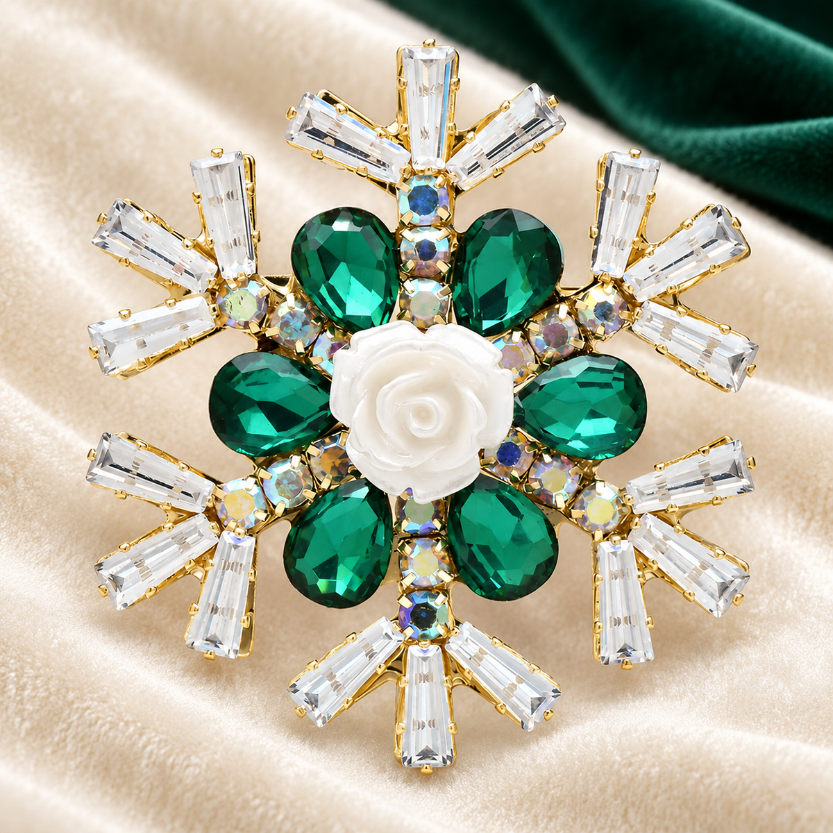 Jeweled Snowflake with White Rose Center Brooch — styled background