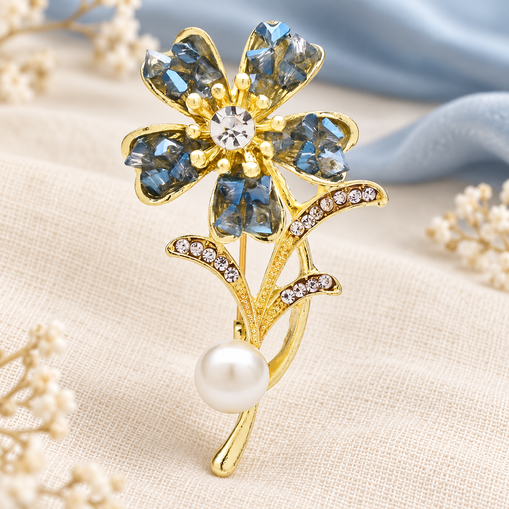 Rhinestone Flower with Pearl-Look Stem Accent Brooch — styled background