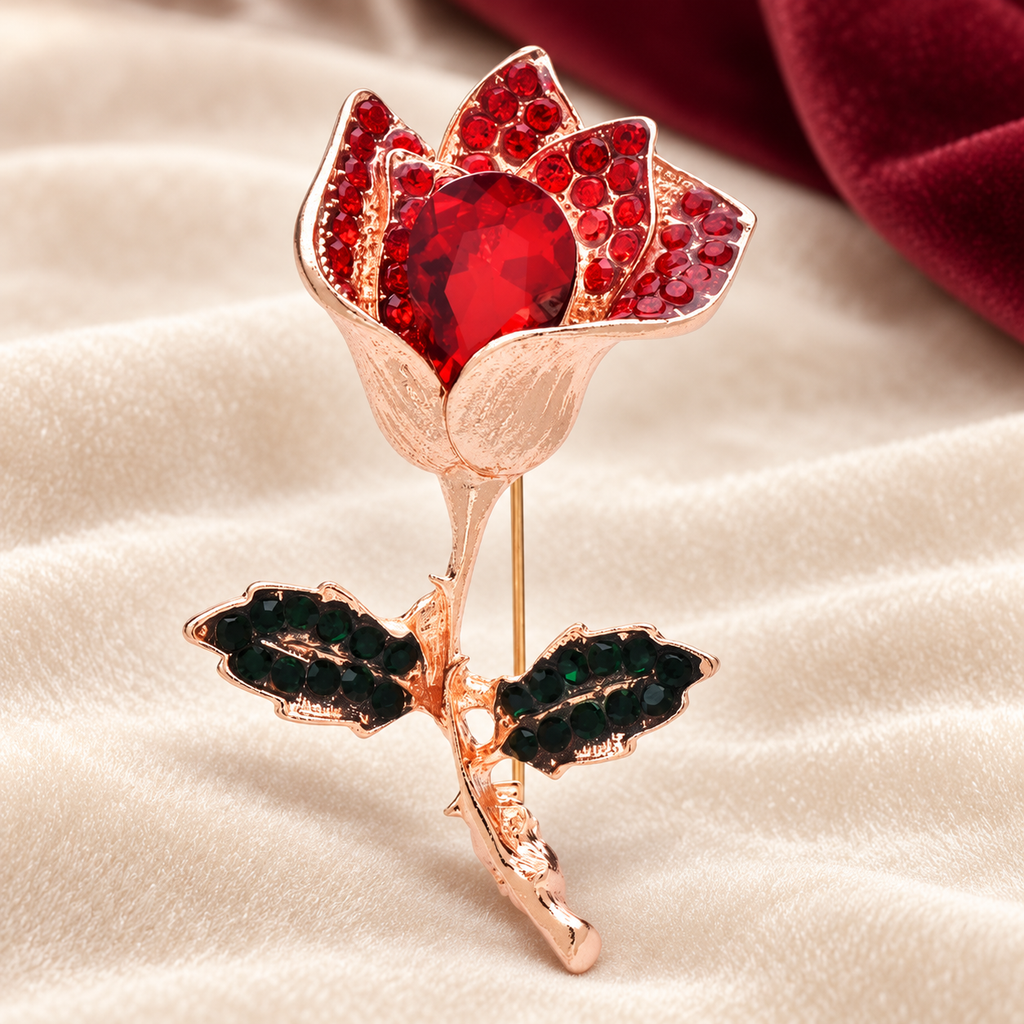 Faceted Rose with Rhinestone Leaves Brooch — styled background
