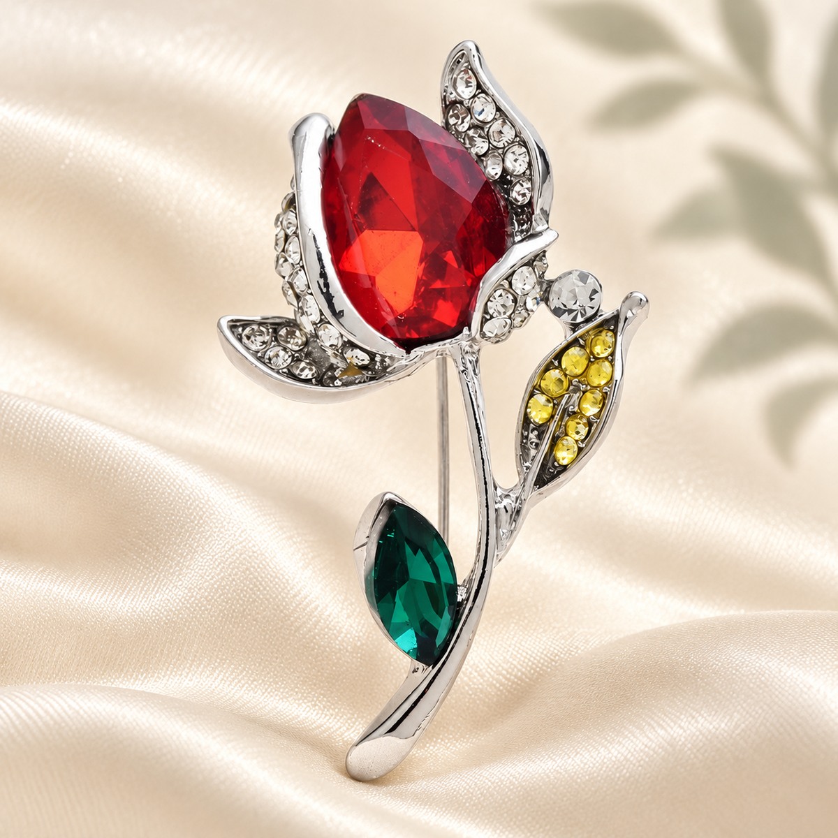 Red Rhinestone Tulip Brooch — styled background