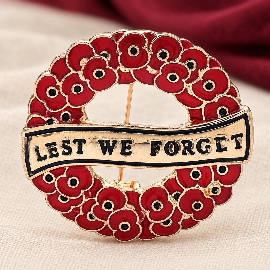 Lest We Forget Red Poppy Wreath Brooch — styled background